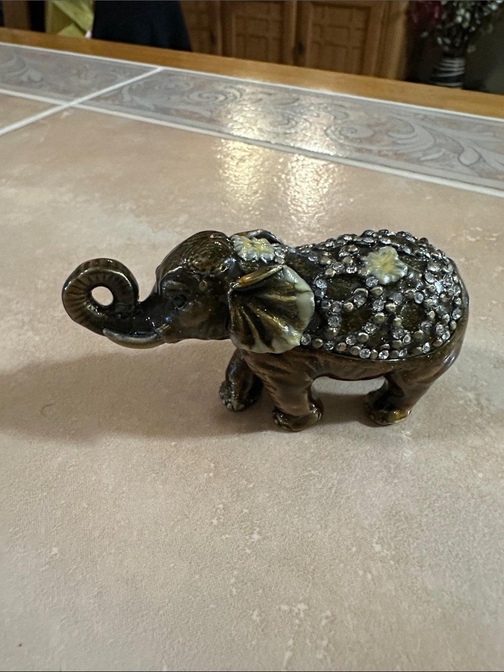 Bejeweled Ceramic Elephant Trinket Holder  in Olive Green